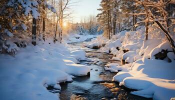 färsk snö och gyllene solljus ai genererad foto