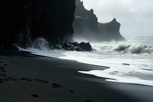 svart sand strand på reynisfjara vulkanisk ö, Island, silhuetter av turister njuter de svart sand strand och hav vågor, ai genererad foto