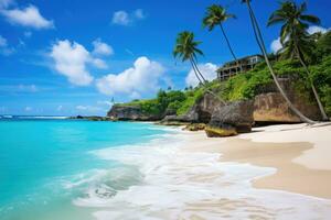 skön strand anse lazio på Seychellerna - natur bakgrund, botten bukt, barbados - paradis strand på de karibiska ö av Barbados, ai genererad foto