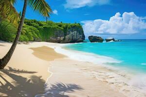 anse lazio strand på praslin seychellerna, botten bukt, barbados - paradis strand på de karibiska ö av Barbados, ai genererad foto