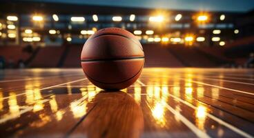 basketboll boll i främre av stor modern basketboll arena. generativ ai foto