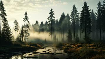 tall skog vaknar på en dimmig morgon. generativ ai foto