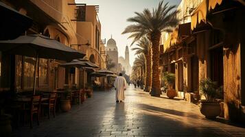 solnedgång över ett arabicum gata i dubais öken- stadens centrum foto