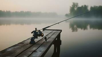 en dimmig morgon- fiske äventyr förbi de pir. generativ ai foto