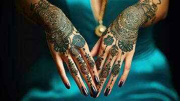 hand med perfekt turkos manikyr och nationell indisk juveler. händer av indisk brud flicka med svart henna tatueringar foto