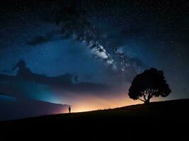 en ensam träd är silhouetted mot de natt himmel foto