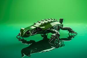 robot alligator drönare studerar träsk flora isolerat på en grön lutning bakgrund foto