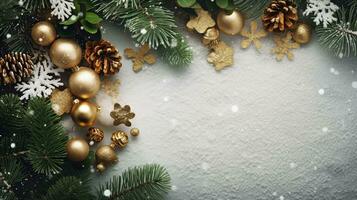 festlig jul ram tillverkad av gran grenar, gåva lådor, röd dekorationer, gnistrar, och konfetti på vit bakgrund. perfekt för Semester hälsning kort, hemsida design, och social media foto
