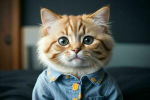 den där söt katt bär skjorta. ai generativ proffs Foto