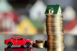 sparande pengar små leksak bil med hus lån begrepp. generativ ai foto