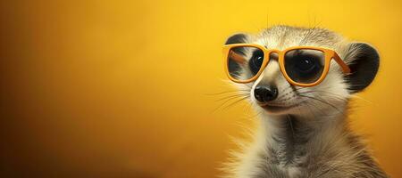 kreativ djur- koncept.a meerkat bär solglasögon på ett orange bakgrund, digital konst, fasetterad, kopia Plats. generativ ai foto