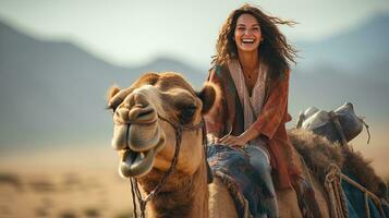 porträtt kvinna med kamel i de savann ai generativ foto