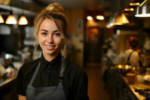 porträtt av en leende kvinna kock stående i en restaurang, generativ ai foto