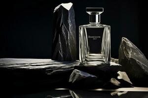 parfym flaska attrapp på de mörk tona natur bakgrund foto