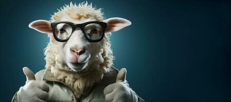 porträtt av en en får bär glasögon och en jacka och som visar tummen upp. kopia Plats. generativ ai foto