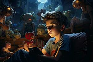 pojke läsning en bok i de mörk rum. 3d tolkning, pojke spelar video spel med vänner på Hem, ai genererad foto