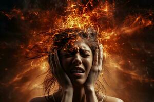 de neurologisk brinnande känsla i de mänsklig hjärna orsaker huvudvärk migrän och påfrestning med intensiv emotionell påverkan foto