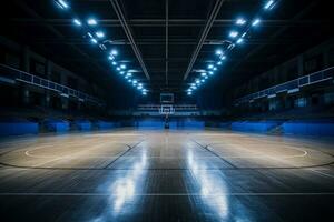 dramatiskt belyst tömma basketboll arena se från fri kasta linje foto