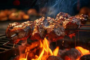 utsökt grillad nötkött eller fläsk över en träkol grill på de gata mat marknadsföra foto