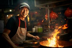 lokal- manlig kock lyckligt kockar på gata mat marknadsföra foto