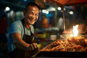 en man äter lyckligt på en gata mat marknadsföra foto
