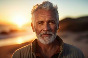 senior man stående och ser på de himmel på de havet foto