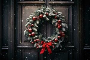 en festlig krans hängande på en trä- dörr, omgiven förbi faller snöflingor foto