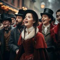 en grupp av carolers klädd i victorian klädsel sång på en snöig gata. foto