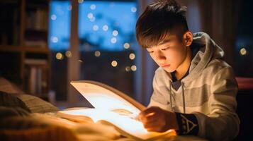 pojke läsning en lärobok med en stryknings foto
