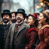 en grupp av carolers klädd i victorian klädsel sång på en snöig gata. foto