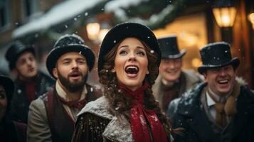 en grupp av carolers klädd i victorian klädsel sång på en snöig gata. foto