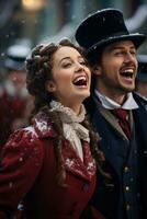 en grupp av carolers klädd i victorian klädsel sång på en snöig gata. foto