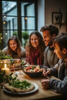 familj samlade in runt om en öppen spis, öppning presenterar foto