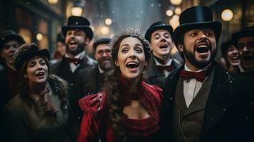 en grupp av carolers klädd i victorian klädsel sång på en snöig gata. foto