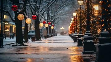 festlig lampor och dekorationer på en snöig gata. foto