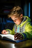 pojke läsning en lärobok med en stryknings foto