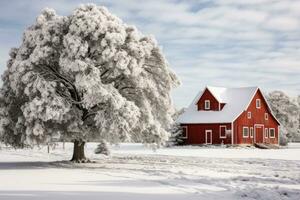 en snöig landskap med en röd ladugård och en dekorerad vintergröna träd foto
