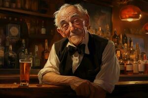 erfaren bartender gammal man bar. generera ai foto