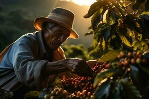 scen av en kaffe jordbrukare handplocka kaffe böna ai generativ foto