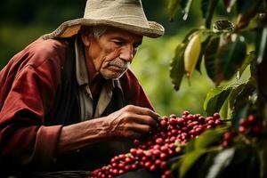 scen av en kaffe jordbrukare handplocka kaffe böna ai generativ foto