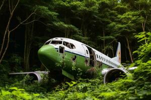 en stranded flygplan i de jungle.ai generativ foto