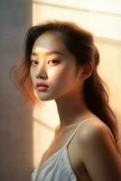 vackert sensuell asiatisk kvinna i naturlig göra upp ai generativ foto