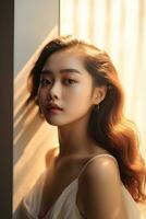 vackert sensuell asiatisk kvinna i naturlig göra upp ai generativ foto