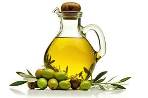 en glas flaska av oliv olja och oliv grenar på en vit bakgrund ai genererad foto