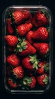 jordgubbar i en plast behållare på en svart bakgrund ai genererad foto