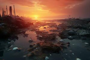 solnedgång över förorenad kustlinje avslöjar miljö- skada ai generativ foto