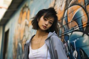 skön asiatisk flickor kort hår i tillfällig utrusta ai generativ foto