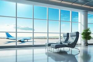interiör av flygplats terminal med panorama- fönster och flygplan. generativ ai foto