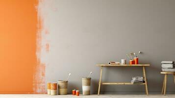 reparera och målning verktyg av väggar i rum. renovering och dekoration. generativ ai foto