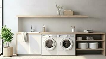 interiör av modern tvätt rum med tvättning maskin, korg och handdukar. generativ ai foto